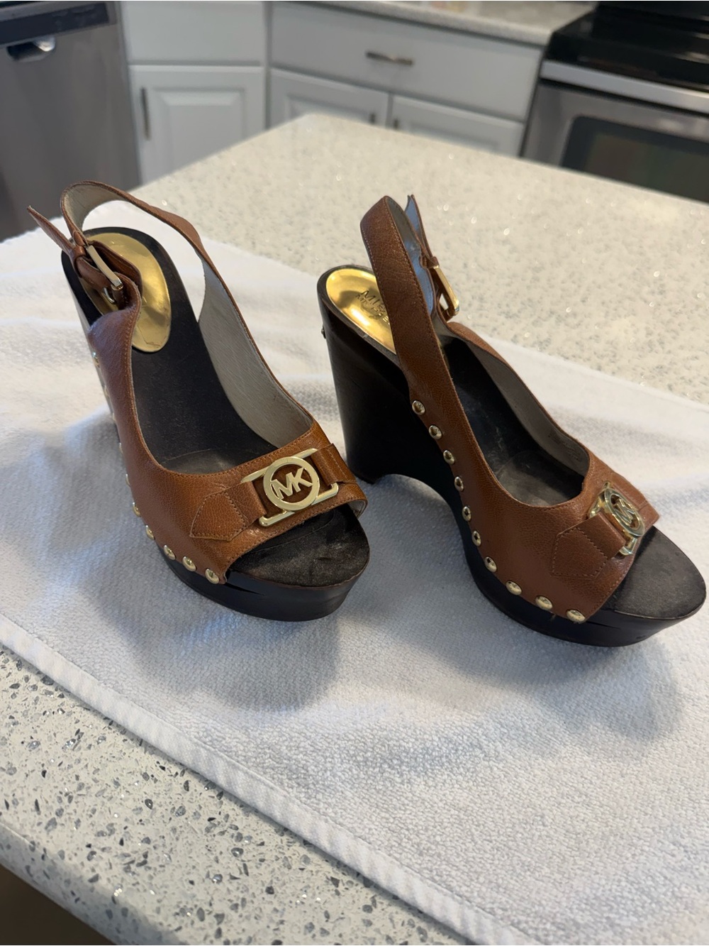 Michael Kors Brown Leather Studded Wedge Sandals with Gold Logo